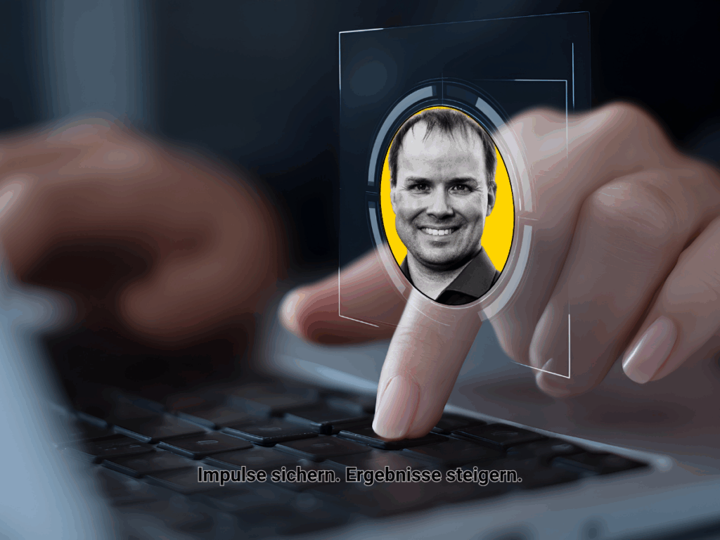 Finger berührt eine Computertaste. Über dem Finger schwebt ein digitales Interface mit einem Porträtfoto in einem gelben Kreis. Darunter steht der Text „Impulse sichern. Ergebnisse steigern.“